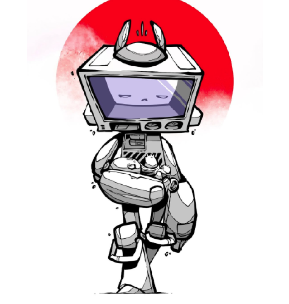Kit cradling baby Nate — red sun pinup