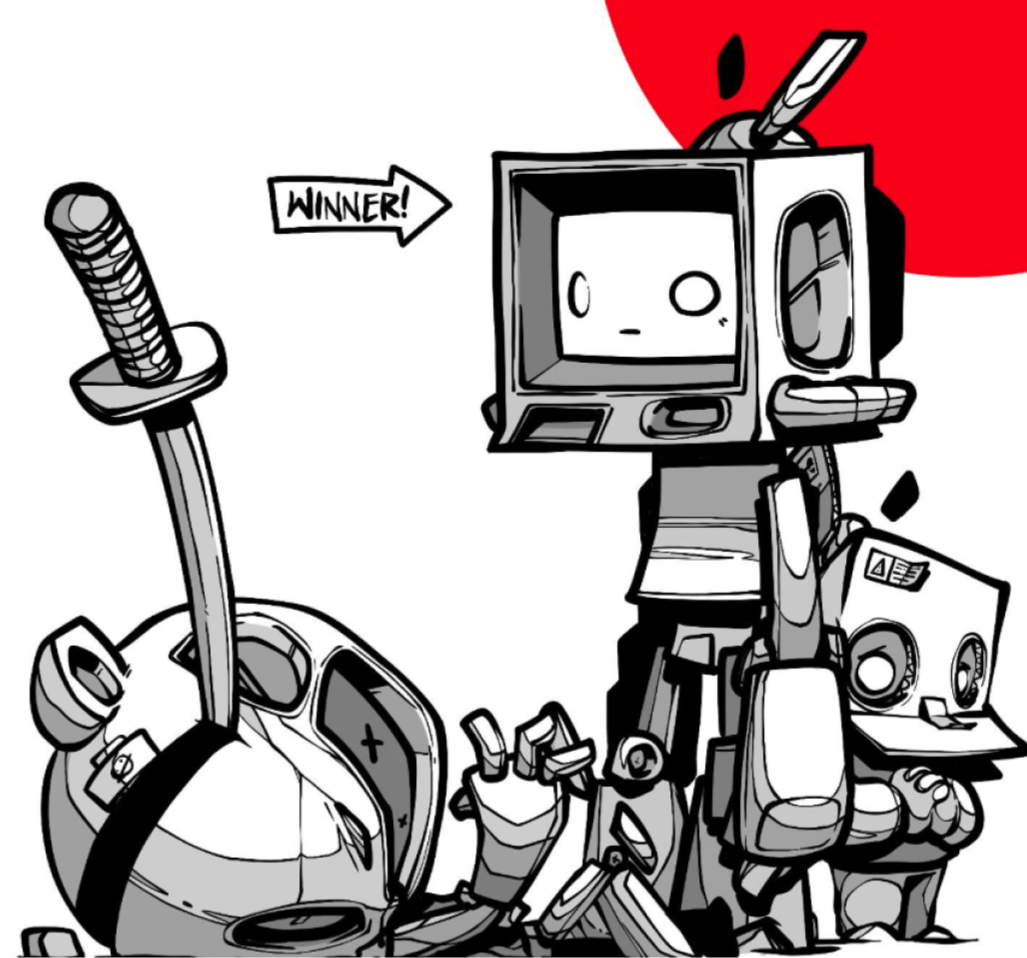 Kit standing over a fallen bear-bot — winner pinup