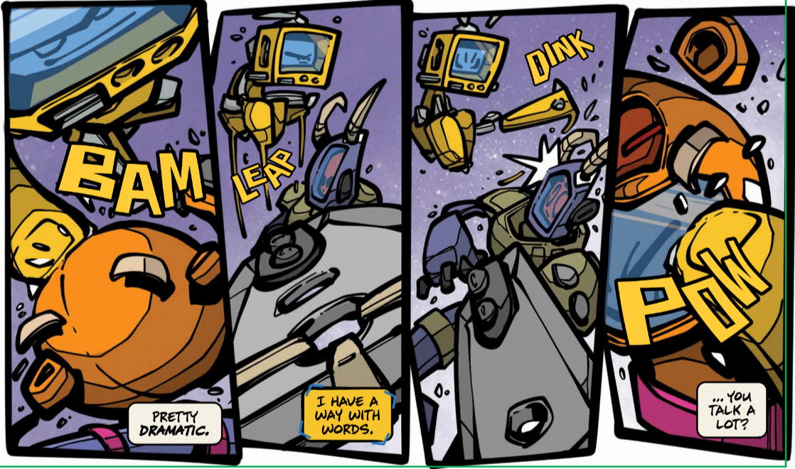 Four-beat action panel — BAM, LEAP, DINK, POW
