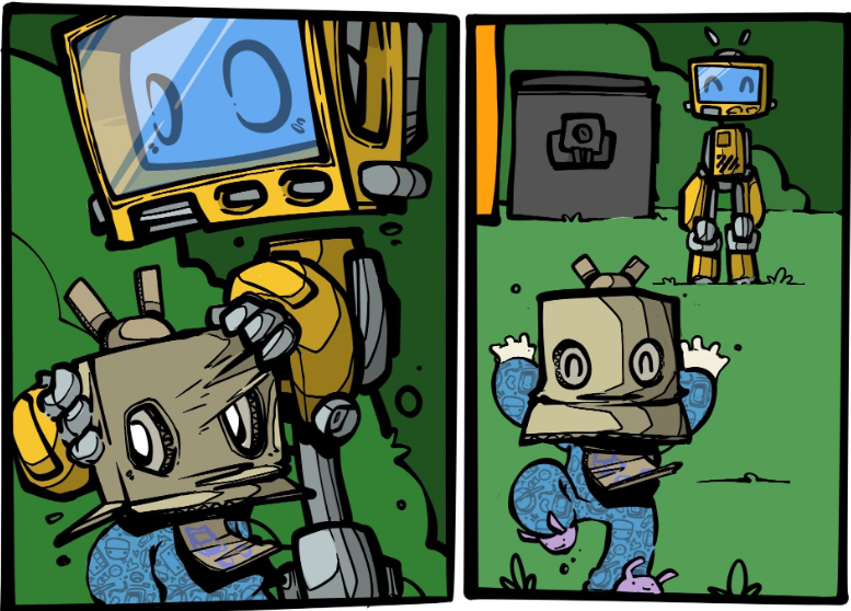 Two robots in a green field